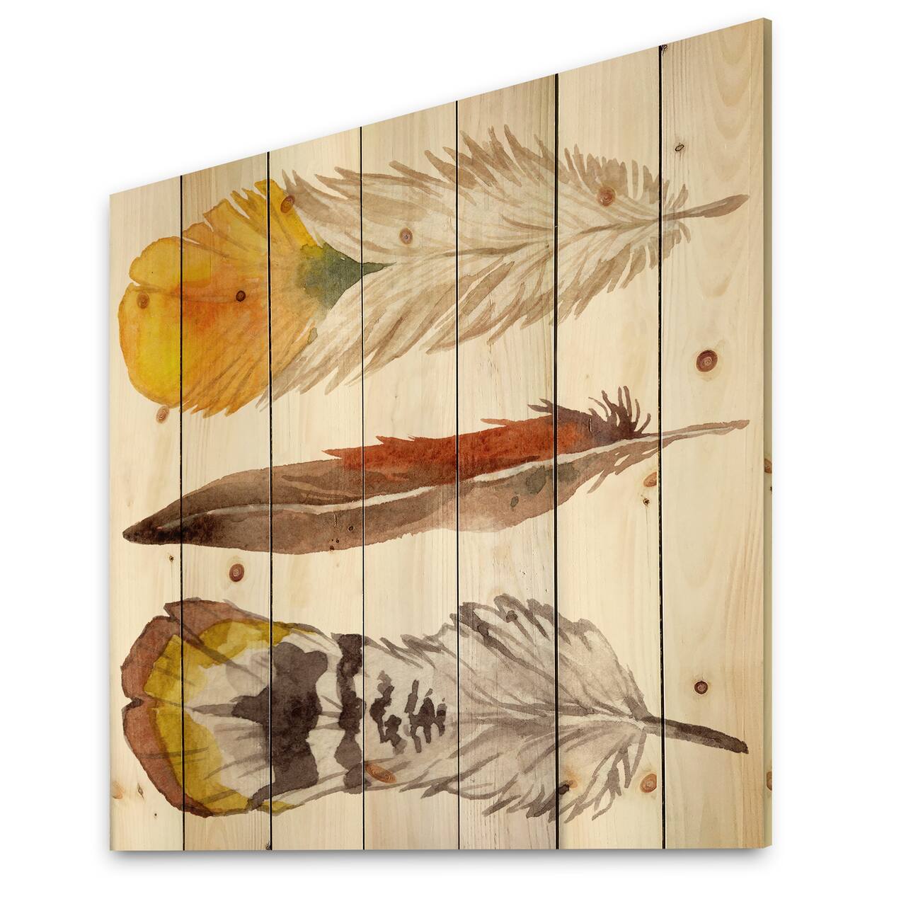 Designart - Ethnic Yellow Feather From Wing - Bohemian & Eclectic Print on Natural Pine Wood